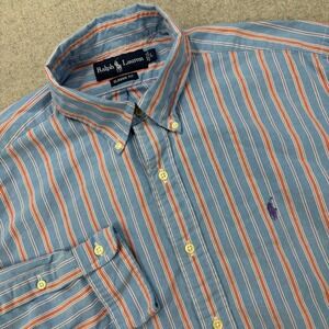 Polo Ralph Lauren Shirt Men Large Blue & Orange Striped Classic Fit Preppy *FLAW